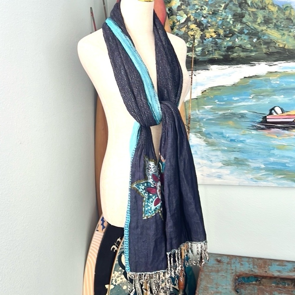 Gorgeous Embroidered Soft Rayon Scarf, Incredible Colors, Stretch, EUC, OS